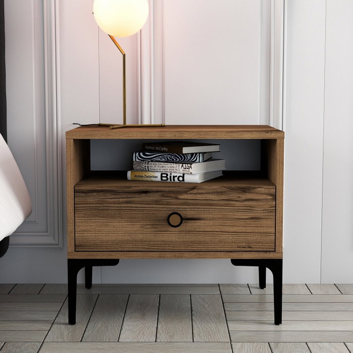 Hanah Home Mesilla de Noche Lizbon 532 Nogal 56x50.8x40cm | Tablero Melamina 18mm | Patas Metal